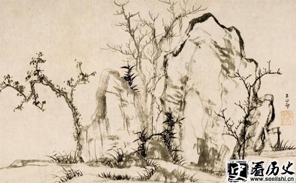 赵孟頫秀石疏林图局部